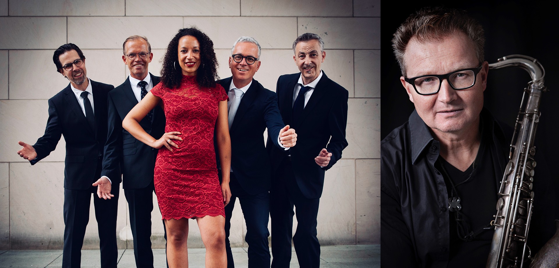 links: Marilyn Boadu Band mit Dr. Schlager. rechts: Saxophonist Ralf Kiwit