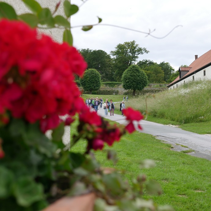 Im Vordergrund sind Blumen zu sehen, im Hintergrund sieht man Menschen zur Veranstaltung beim Dalheimer Sommer kommen. (vergrößerte Bildansicht wird geöffnet)